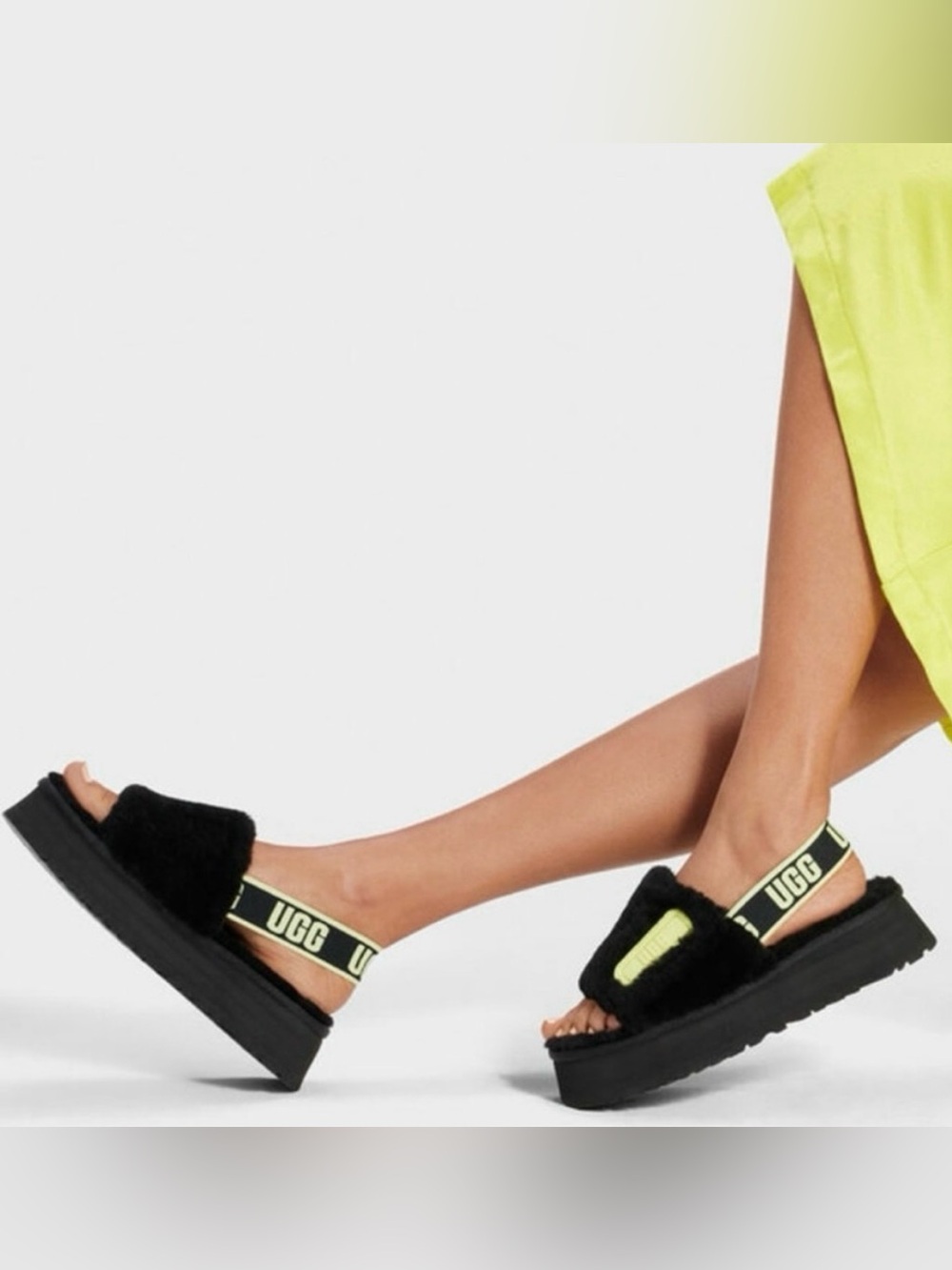 UGG Black & Neon Yellow Fuzz Slide Mules